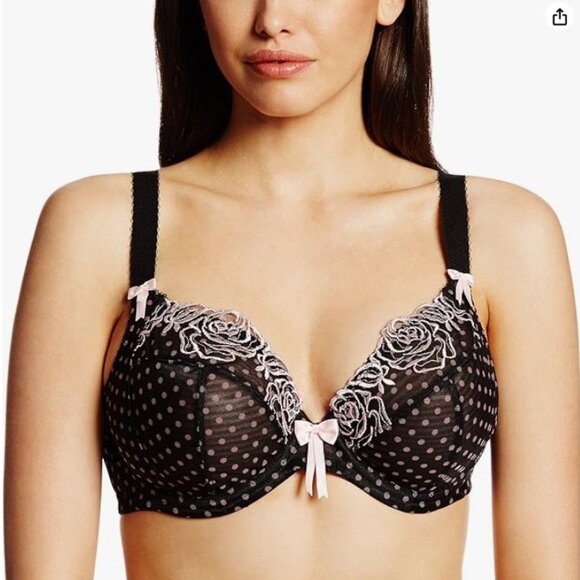 Elomi Betty Underwire Plunge Bra Black Pink Sheer Polka Dot Lace Embroidery 40F - Picture 1 of 11